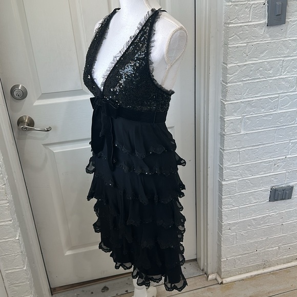 VINTAGE CACHE LUXE Black Silk Sequin Beaded Tier Ruffle Halter Cocktail Dress 4 - Picture 7 of 13